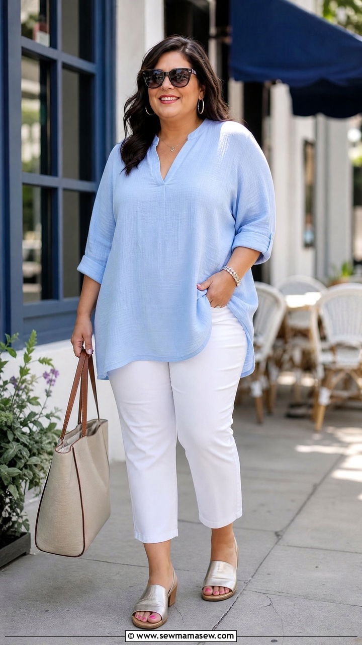 Plus Size White Jeans And Tunic Top With Sandals - 20 plus size summer outfit ideas with sandals