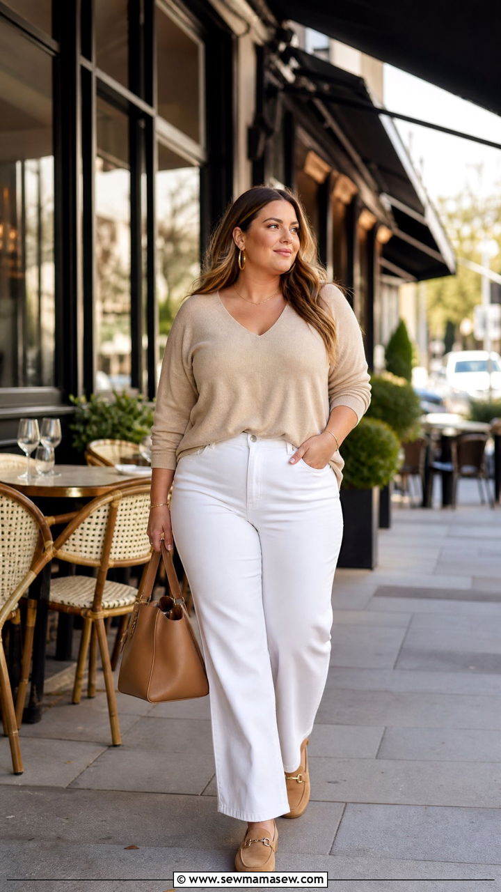 Plus Size White Jeans With Beige Sweater - 20 plus size white jeans outfit ideas