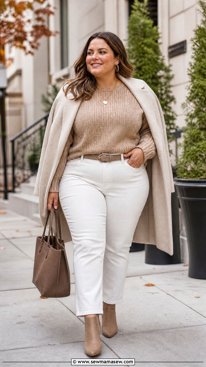 Plus Size White Jeans With Camel Sweater - 20 plus size fall outfit ideas with jeans