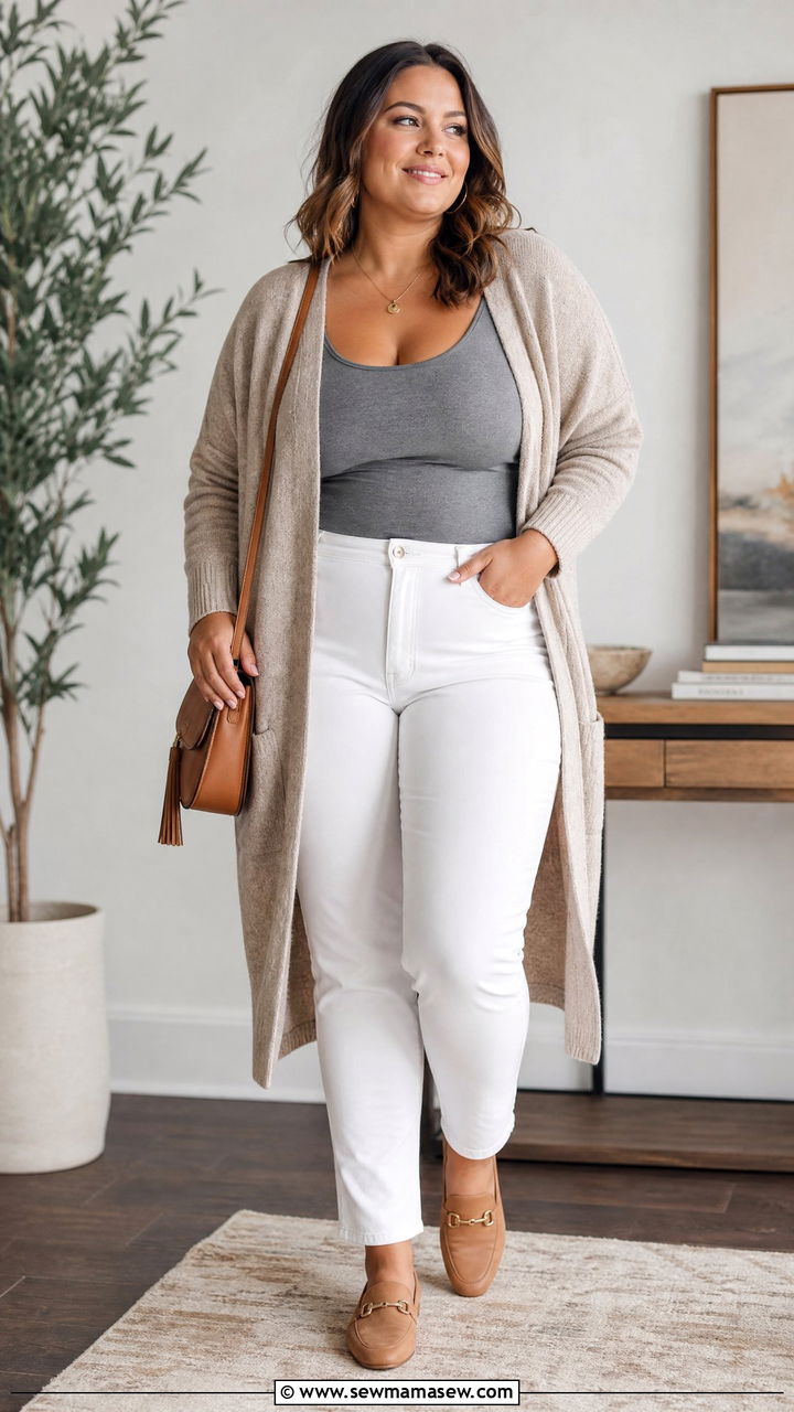 Plus Size White Jeans With Long Cardigan - 20 plus size white jeans outfit ideas