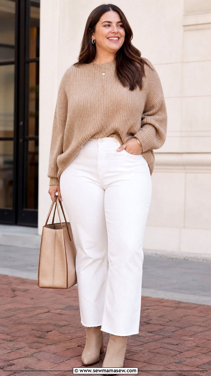 Plus Size White Jeans With Oversized Sweater - 20 plus size white jeans outfit ideas