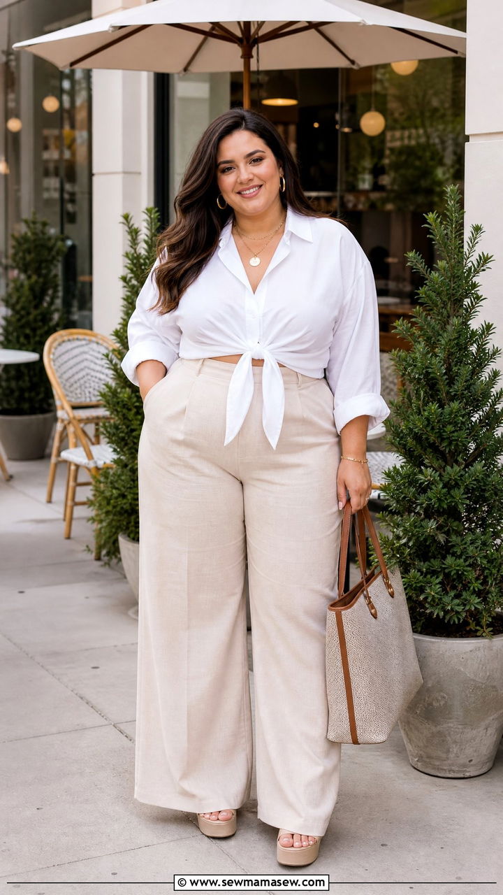 Plus Size White Knot Front Top With Wide Leg Pants - 20 plus size knot front top outfit ideas