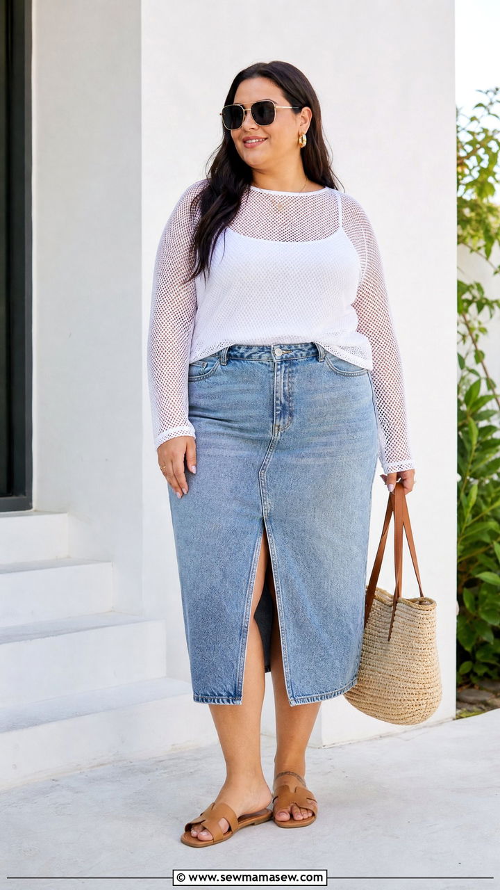 Plus Size White Mesh Top With Denim Skirt - 20 plus size mesh top outfit ideas
