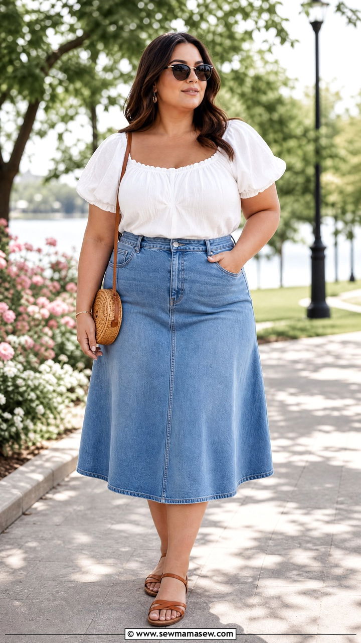 Plus Size White Milkmaid Top With Denim Skirt - 20 plus size milkmaid top outfit ideas