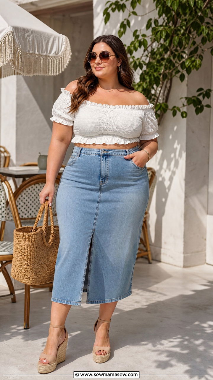 Plus Size White Off Shoulder Crop Top With Denim Skirt - 20 plus size off shoulder crop top outfit ideas