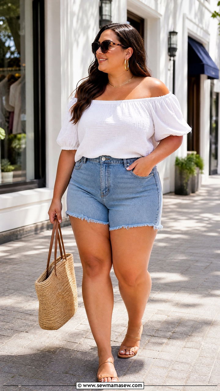 Plus Size White Off Shoulder Top With Denim Shorts - 20 plus size summer off shoulder top outfit ideas