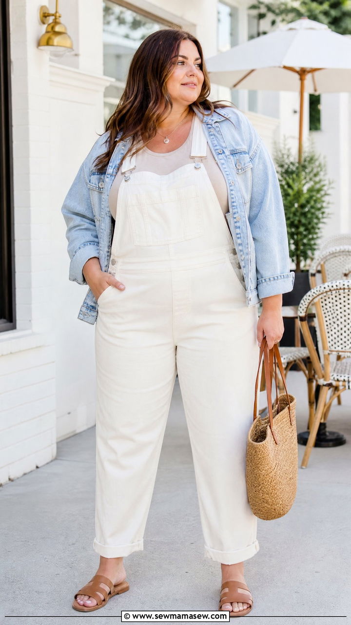 Plus Size White Overalls With Denim Jacket - 20 plus size overalls outfit ideas