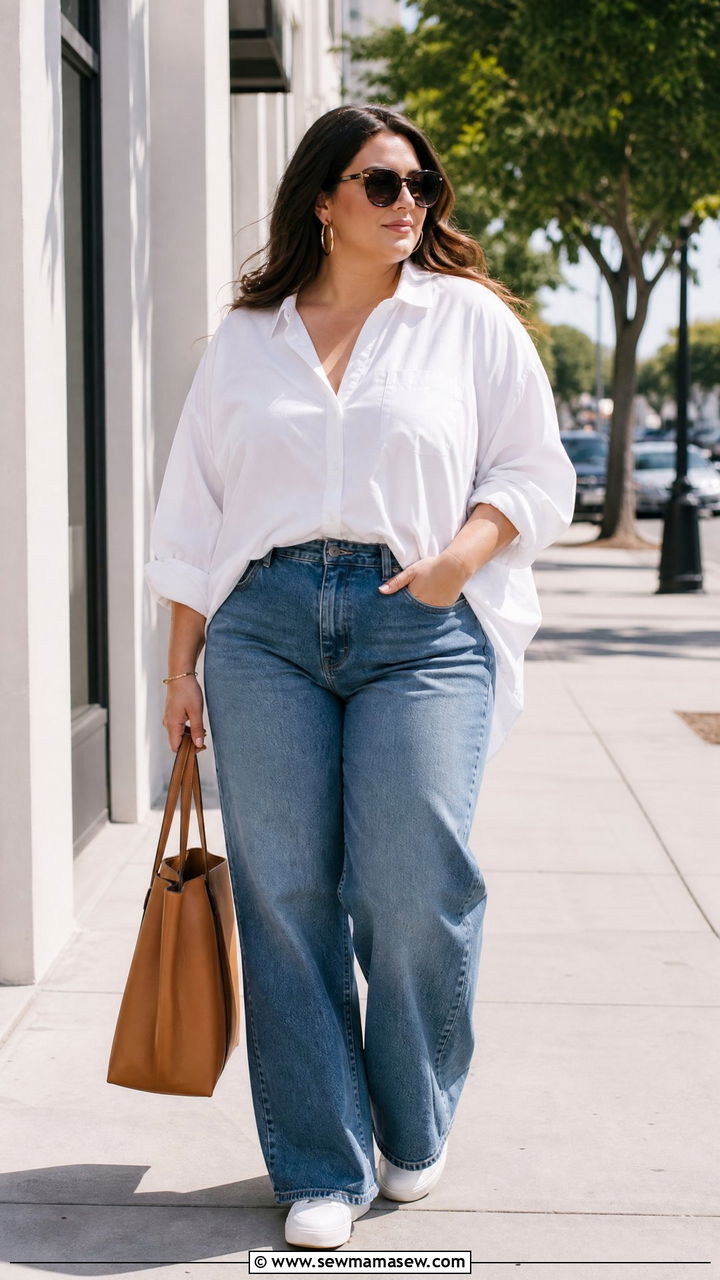 Plus Size White Oversized Button Up With Wide Leg Jeans - 20 plus size oversized button up outfit ideas