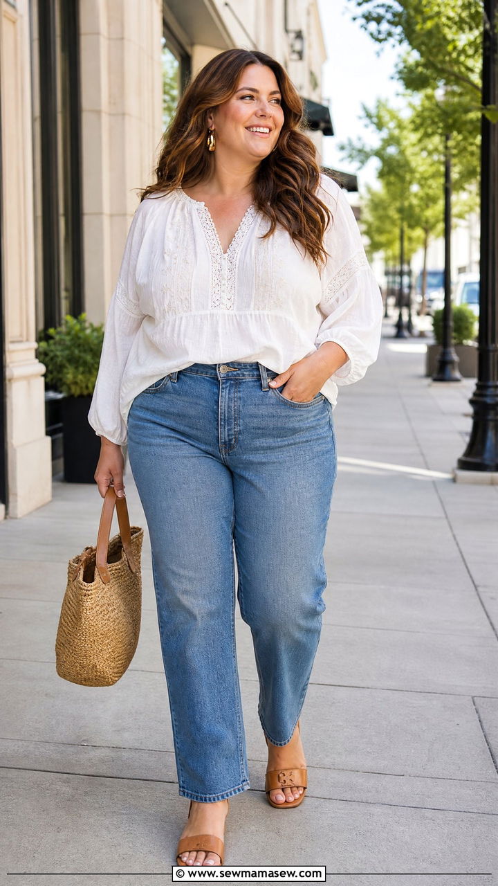 Plus Size White Peasant Blouse With Straight Leg Jeans - 20 plus size peasant blouse outfit ideas