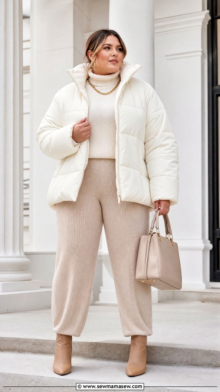 Plus Size White Puffer Jacket With Neutral Outfit - 20 plus size puffer jacket outfit ideas