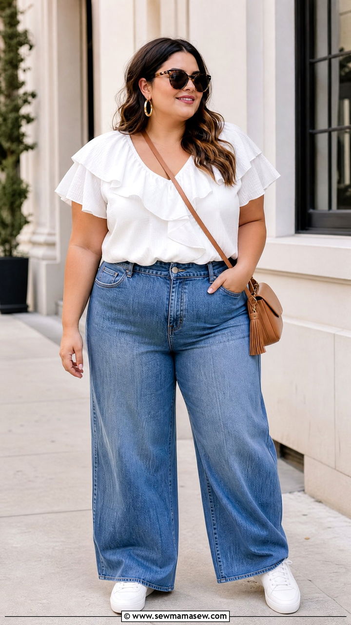 Plus Size White Ruffle Top With Wide Leg Jeans - 20 plus size ruffle top outfit ideas