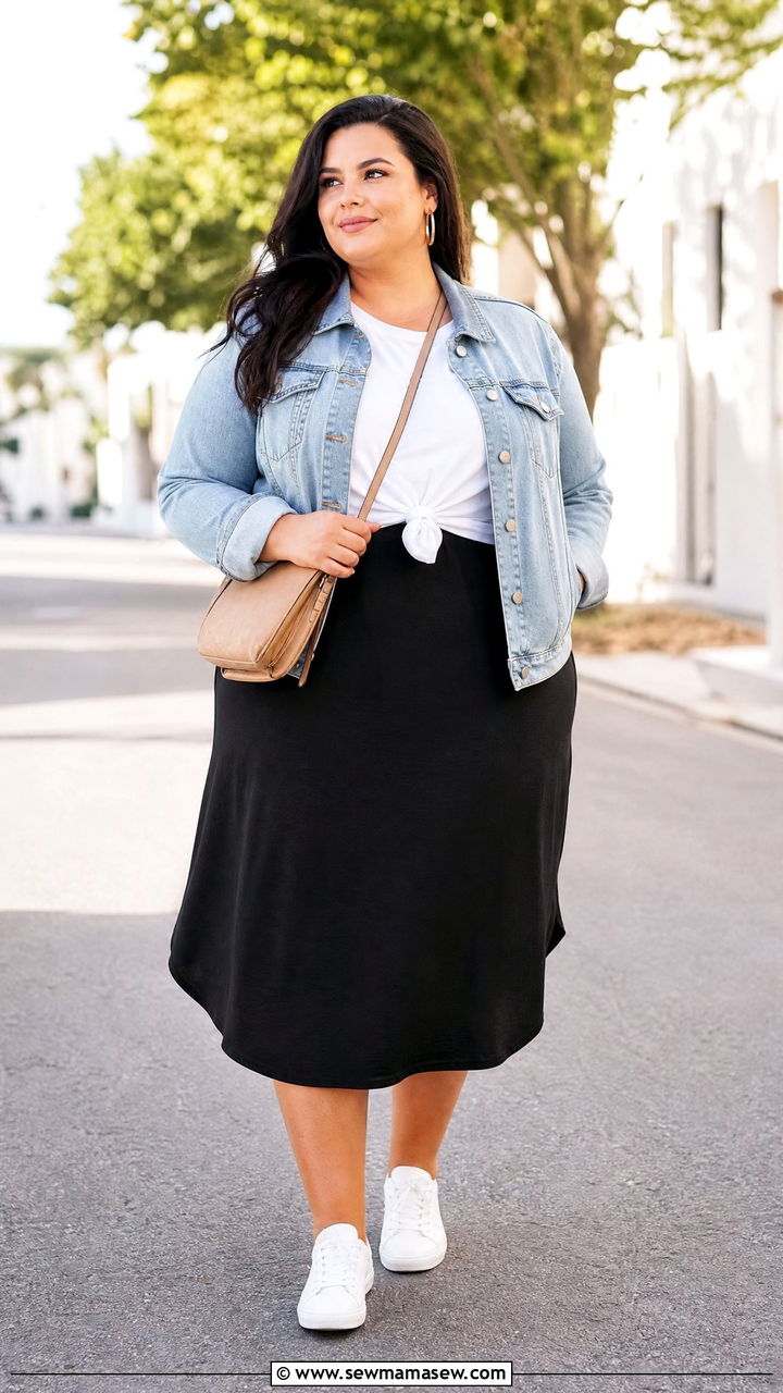 Plus Size White T Shirt With Denim Jacket And Midi Dress - 20 plus size white t shirt outfit ideas