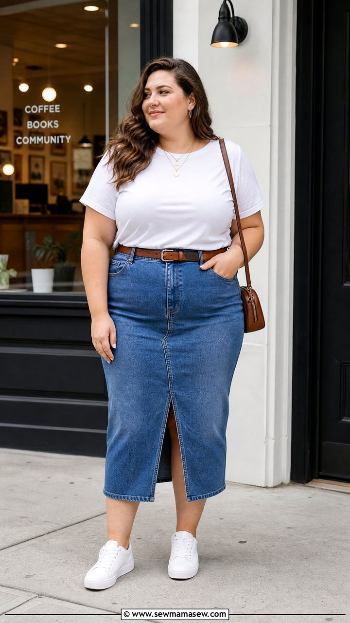 Plus Size White T Shirt With Denim Midi Skirt - 20 plus size white t shirt outfit ideas