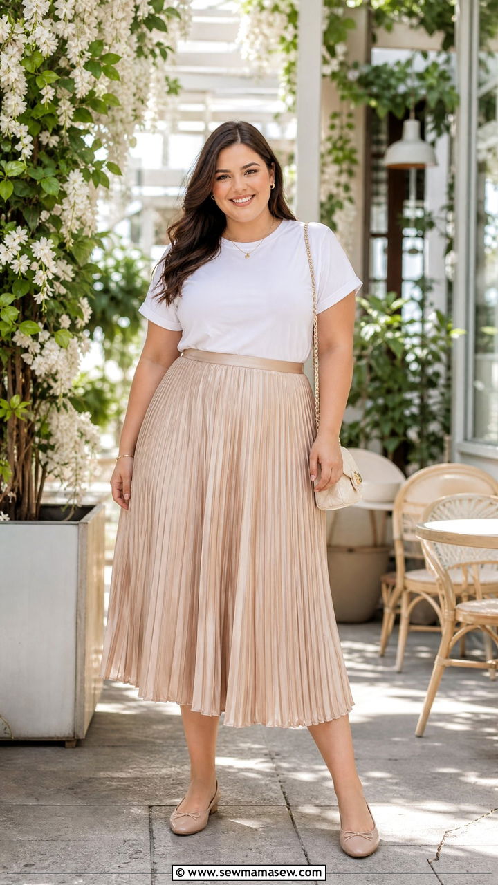 Plus Size White T Shirt With Pleated Midi Skirt - 20 plus size white t shirt outfit ideas