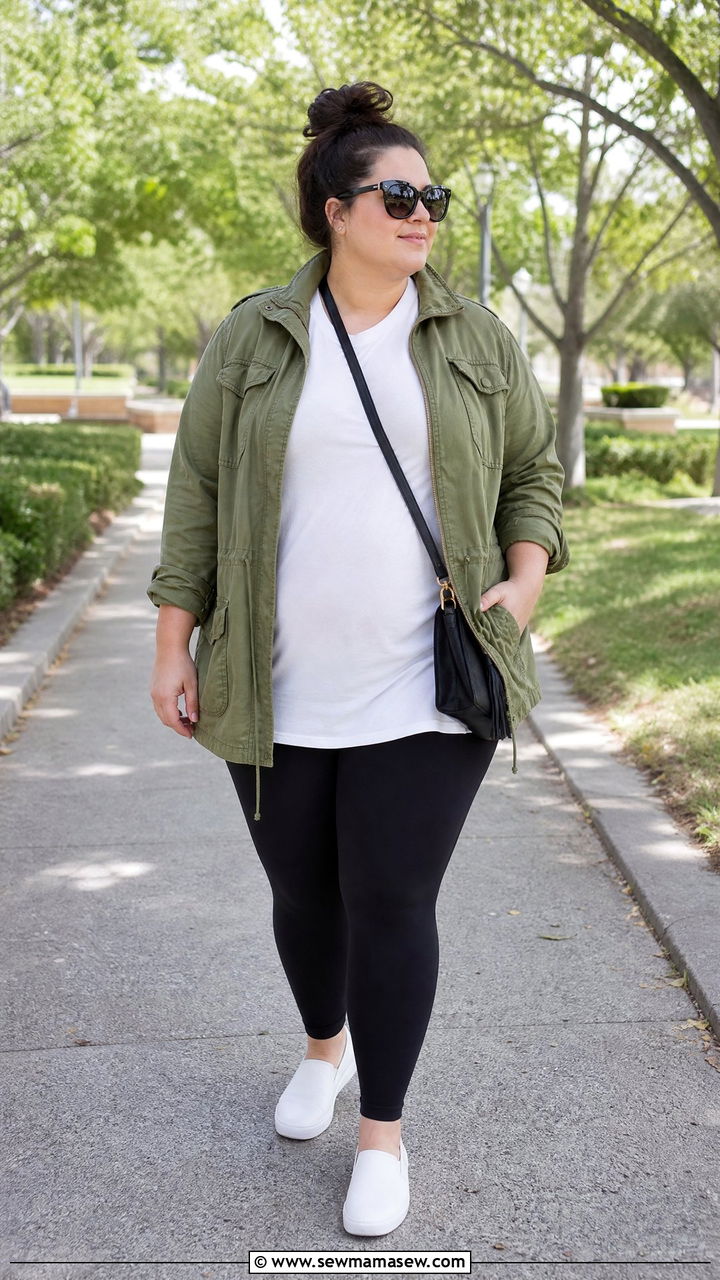 Plus Size White T Shirt With Utility Jacket And Leggings - 20 plus size white t shirt outfit ideas