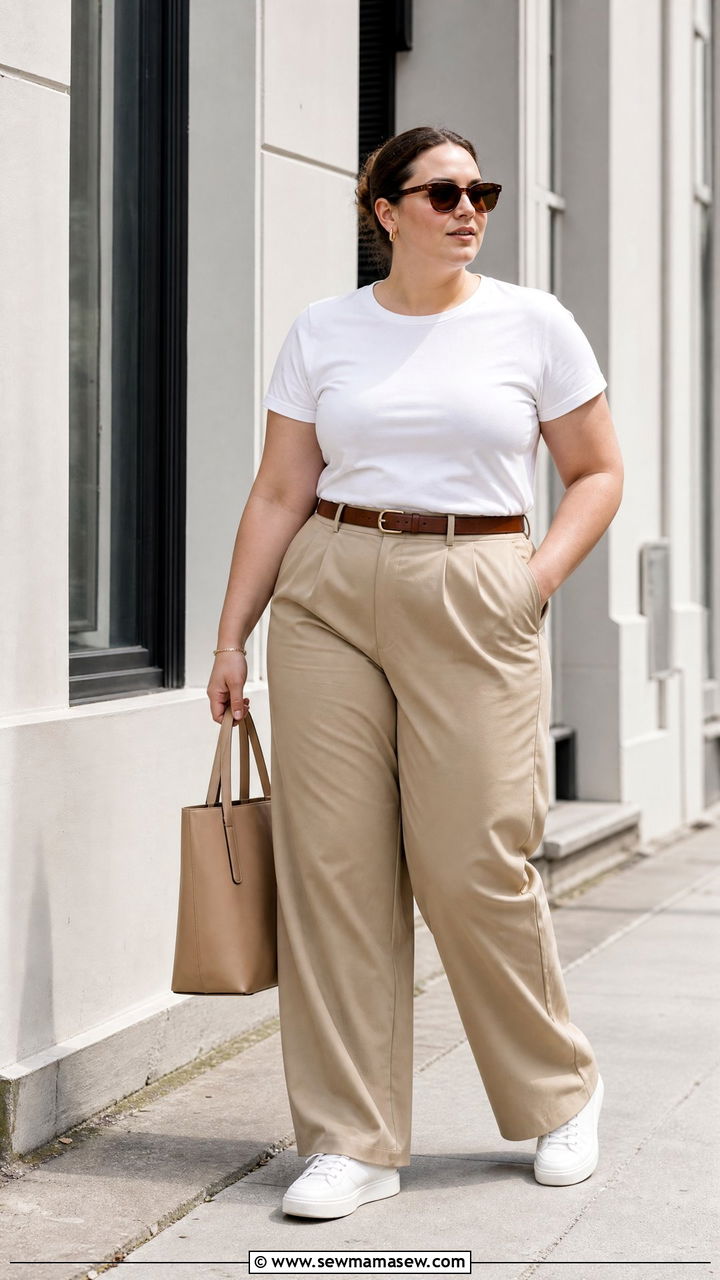 Plus Size White Tee And Khaki Trousers Outfit - 20 plus size neutral outfit ideas