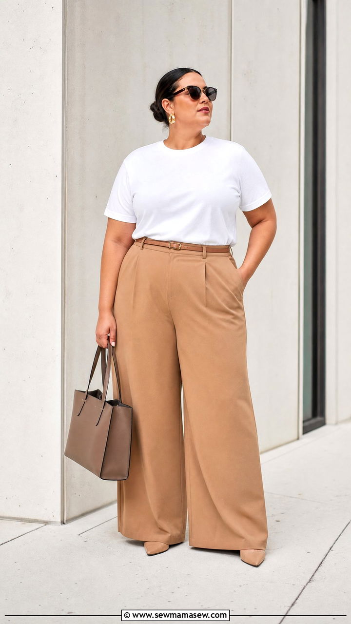 Plus Size White Tee With Wide Leg Pants - 20 plus size basic tee outfit ideas