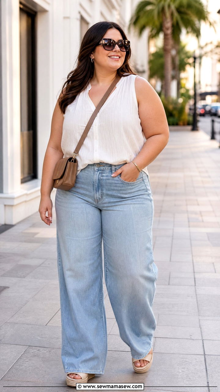 Plus Size Wide Leg Jeans And Sleeveless Blouse Outfit - 20 plus size summer outfit ideas for travel