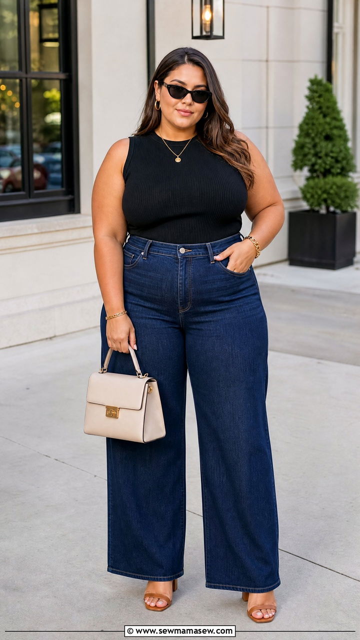 Plus Size Wide Leg Jeans Outfit With Heeled Sandals - 20 plus size outfit ideas with sandals