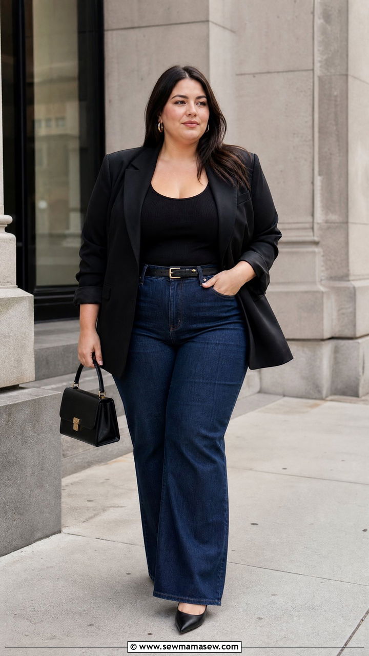 Plus Size Wide Leg Jeans With Black Blazer - 20 plus size wide leg jeans outfit ideas