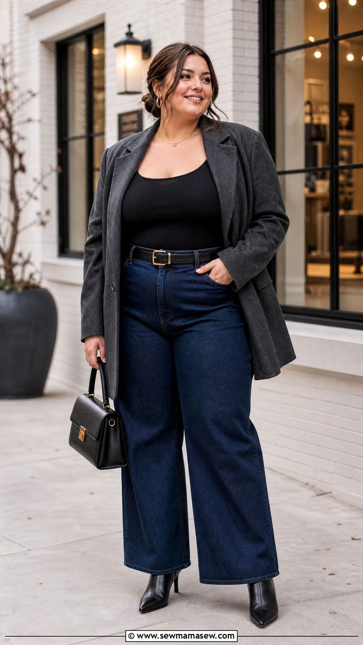 Plus Size Wide Leg Jeans With Blazer - 20 plus size winter date night outfit ideas