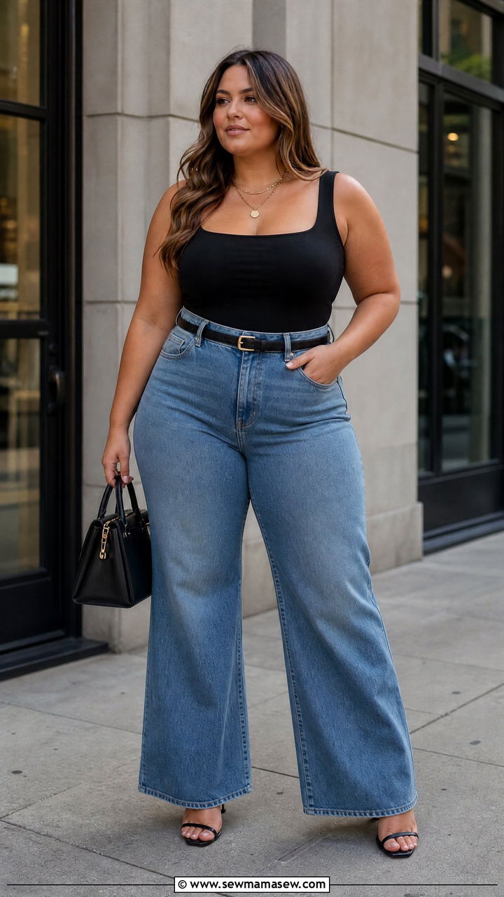 Plus Size Wide Leg Jeans With Bodysuit - 20 plus size wide leg jeans outfit ideas