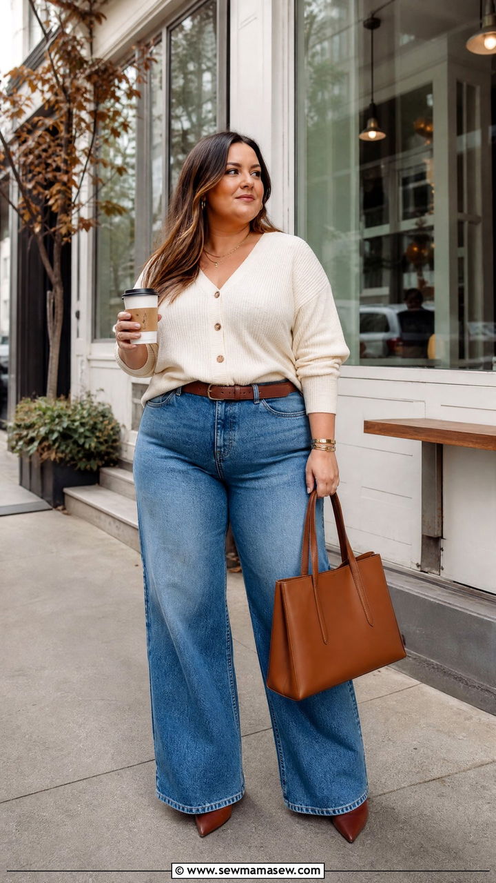 Plus Size Wide Leg Jeans With Cardigan - 20 plus size fall fashion outfit ideas