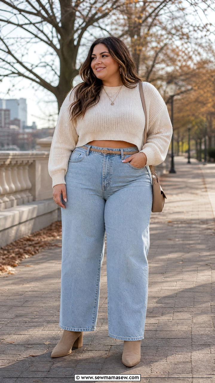 Plus Size Wide Leg Jeans With Cropped Sweater - 20 plus size wide leg jeans outfit ideas
