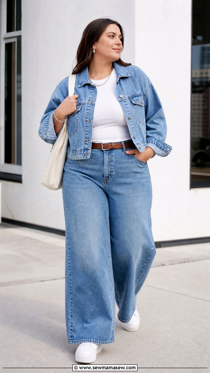 Plus Size Wide Leg Jeans With Denim Jacket - 20 plus size wide leg jeans outfit ideas