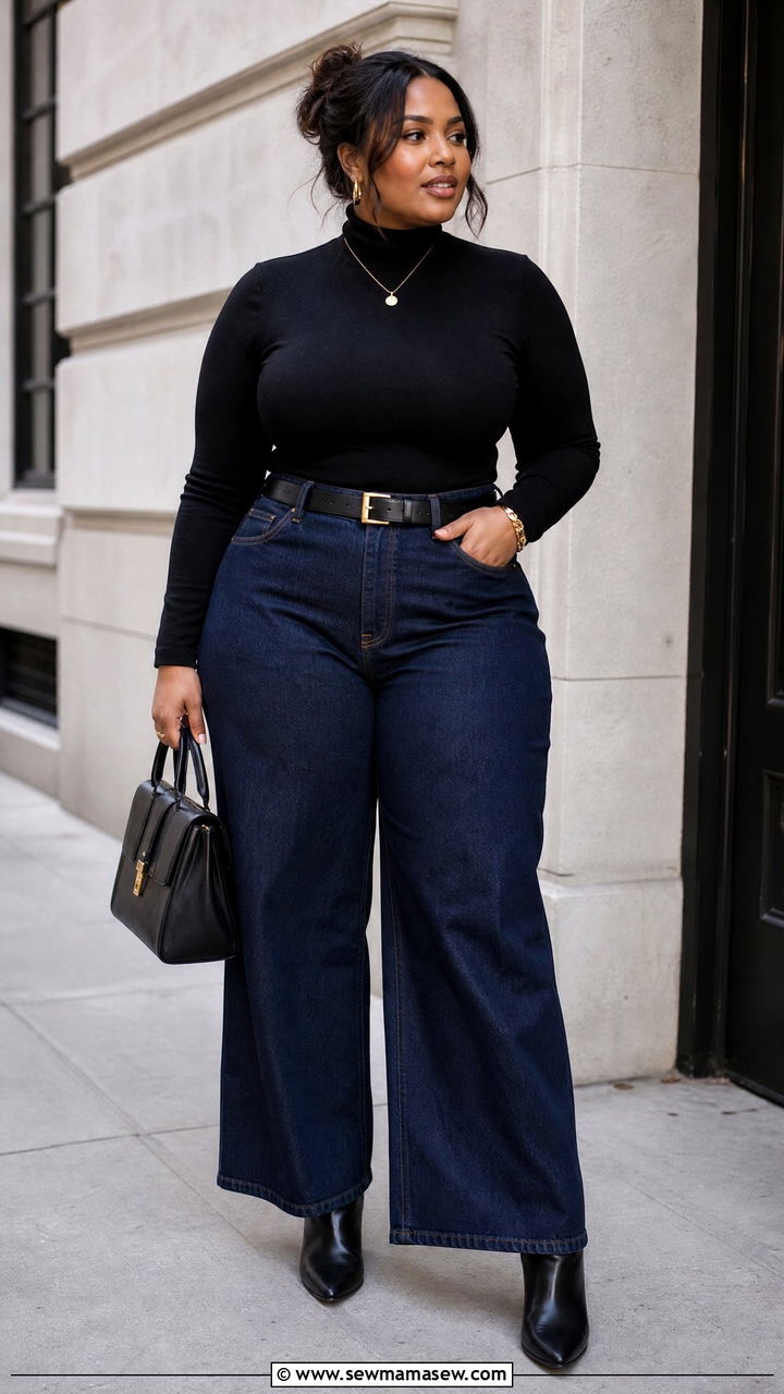 Plus Size Wide Leg Jeans With Fitted Turtleneck - 20 plus size wide leg jeans outfit ideas