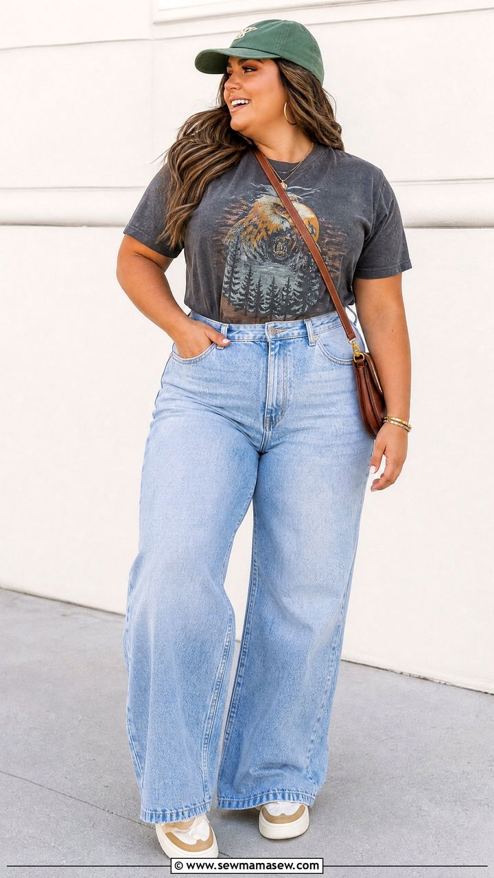 Plus Size Wide Leg Jeans With Graphic Tee - 20 plus size wide leg jeans outfit ideas