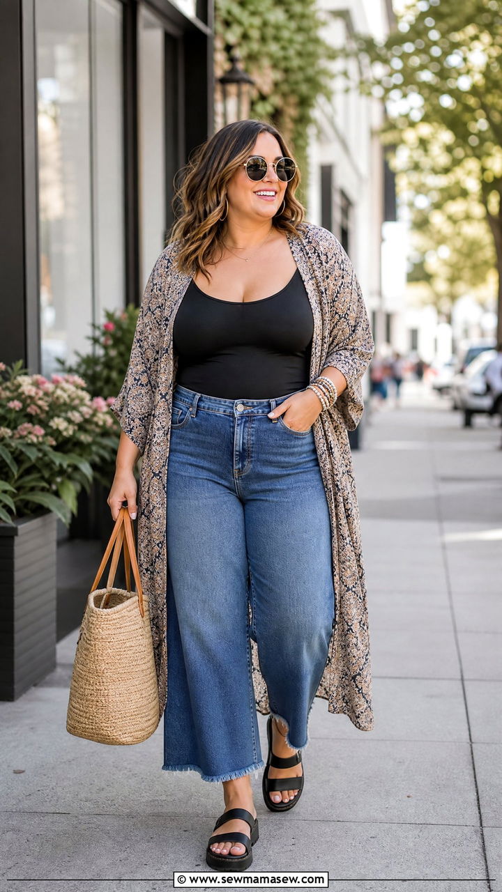 Plus Size Wide Leg Jeans With Kimono - 20 plus size summer outfit ideas with kimono