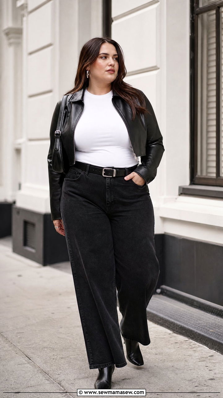 Plus Size Wide Leg Jeans With Leather Jacket - 20 plus size wide leg jeans outfit ideas