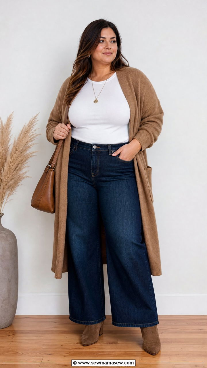 Plus Size Wide Leg Jeans With Long Cardigan - 20 plus size wide leg jeans outfit ideas