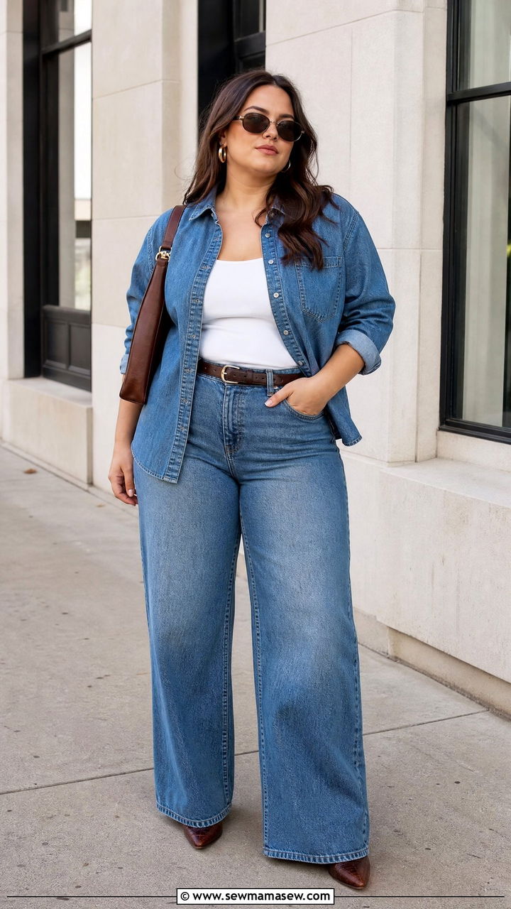 Plus Size Wide Leg Jeans With Matching Denim Shirt - 20 plus size wide leg jeans outfit ideas