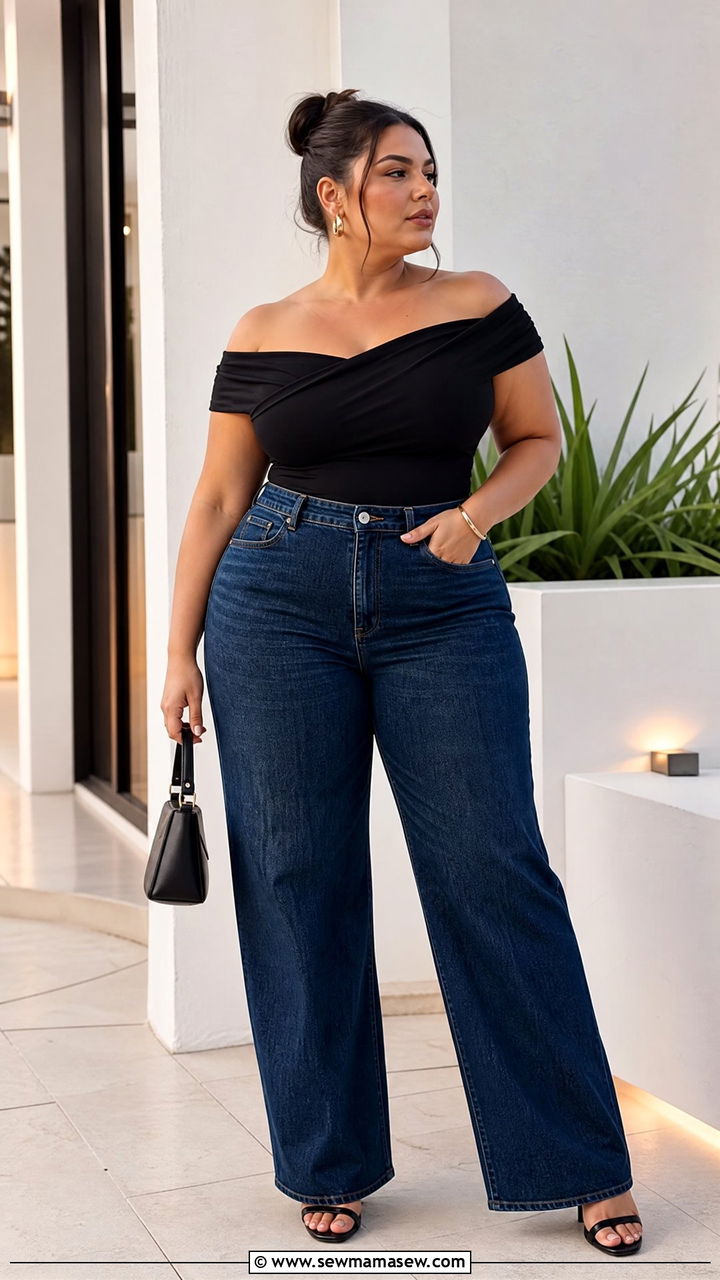 Plus Size Wide Leg Jeans With Off Shoulder Top - 20 plus size wide leg jeans outfit ideas