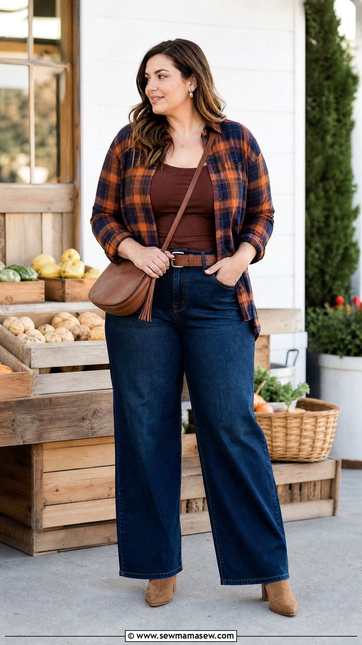 Plus Size Wide Leg Jeans With Plaid Shirt - 20 plus size wide leg jeans outfit ideas