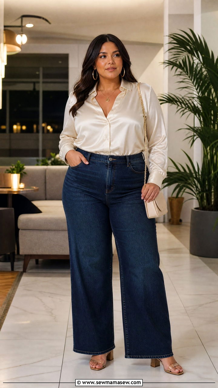 Plus Size Wide Leg Jeans With Satin Blouse - 20 plus size wide leg jeans outfit ideas
