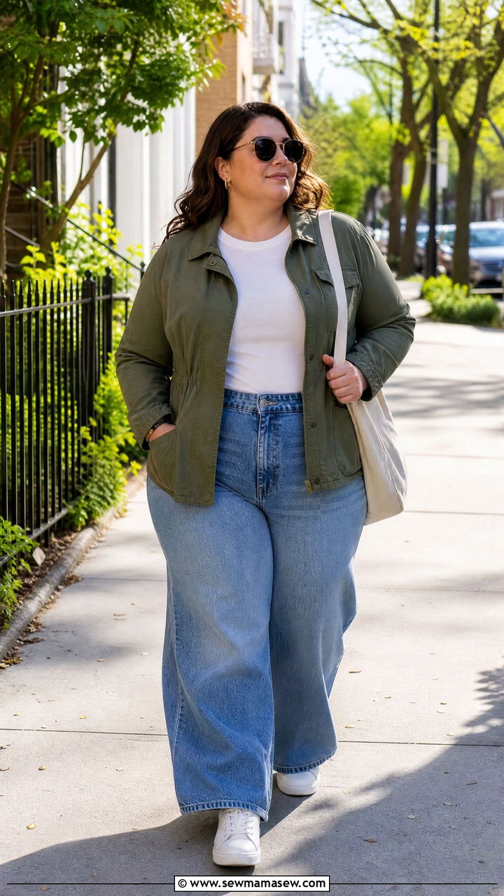 Plus Size Wide Leg Jeans With Utility Jacket - 20 plus size wide leg jeans outfit ideas