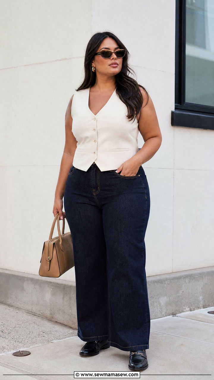 Plus Size Wide Leg Jeans With Vest Top - 20 plus size wide leg jeans outfit ideas