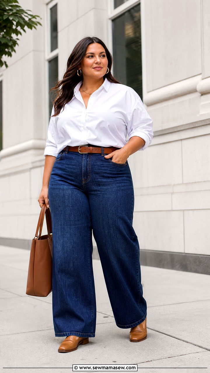 Plus Size Wide Leg Jeans With White Button Down - 20 plus size wide leg jeans outfit ideas