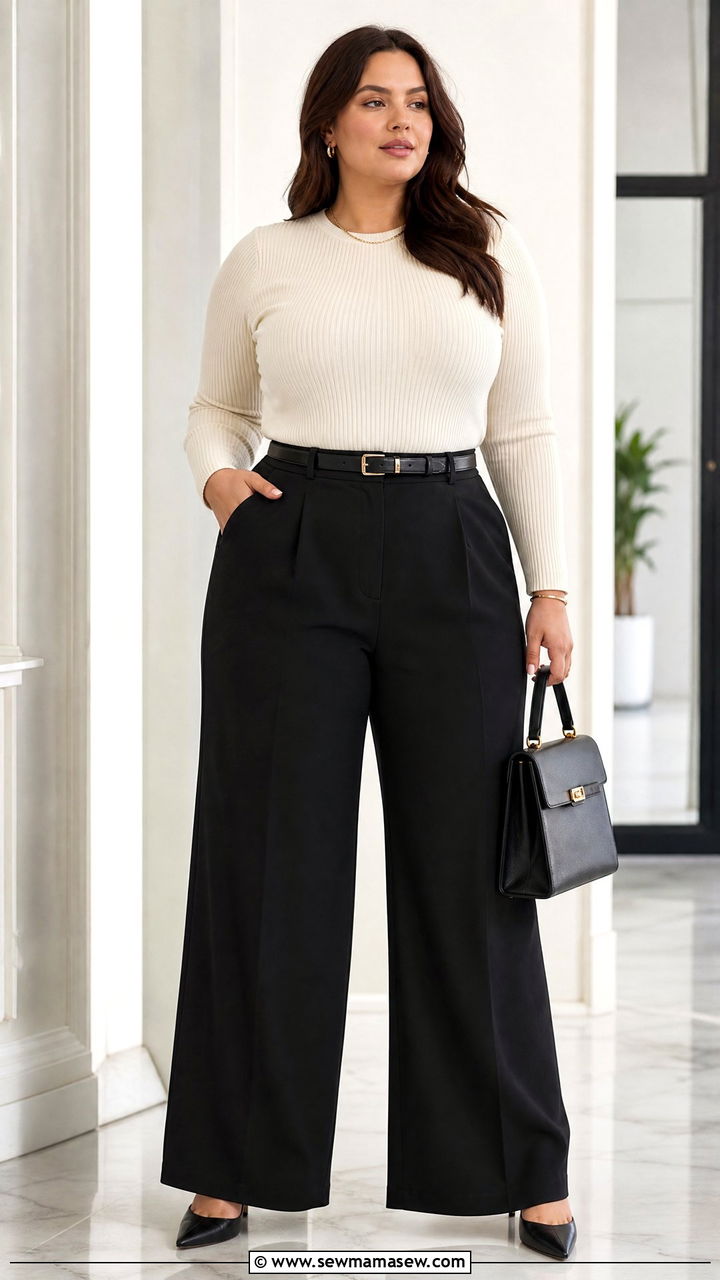 Plus Size Wide Leg Pants And Fitted Top Outfit - 20 plus size outfits to look slimmer