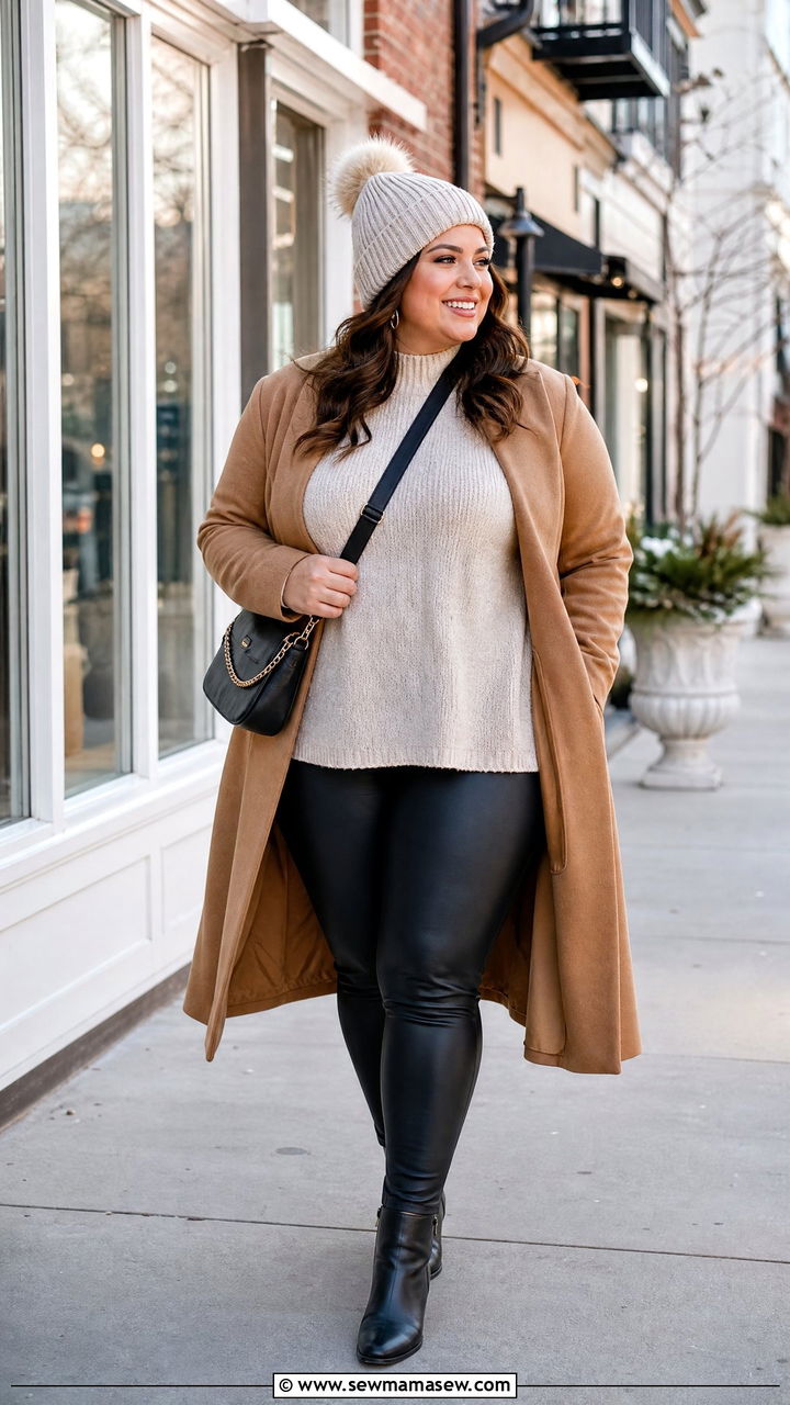 Plus Size Winter Faux Leather Leggings Outfit - 20 plus size winter outfit ideas casual