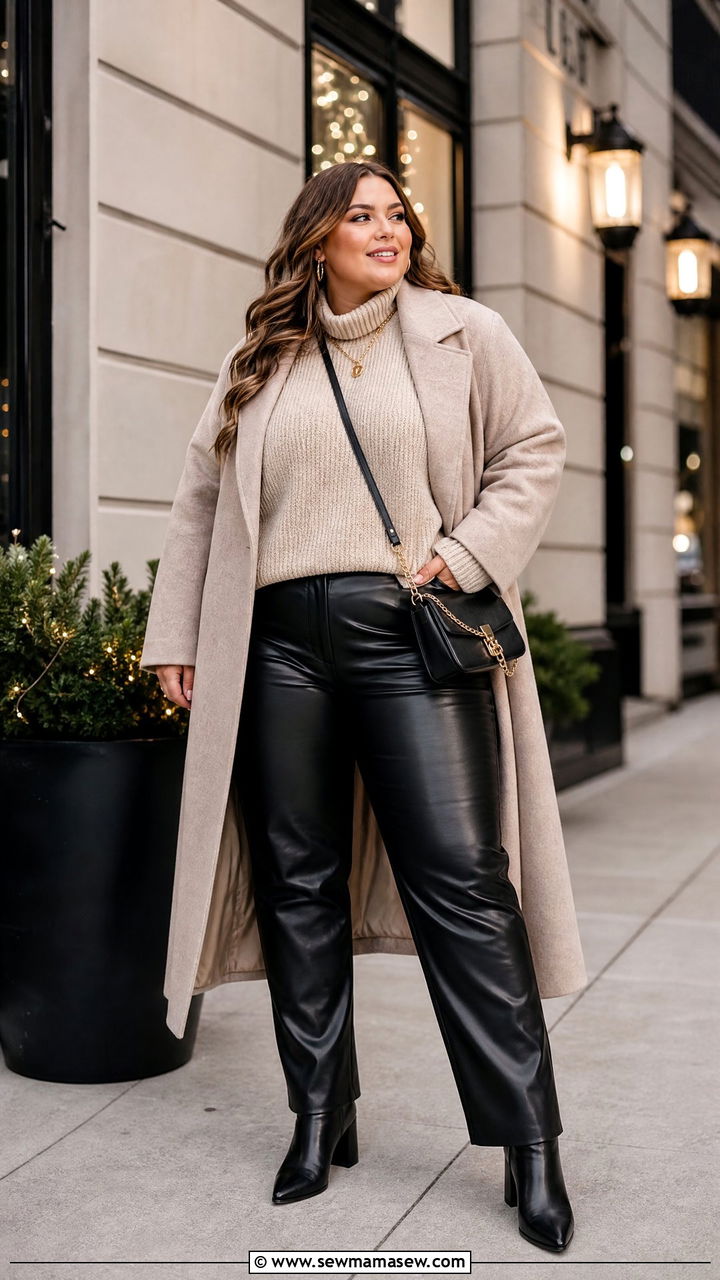 Plus Size Winter Faux Leather Pants Outfit - 20 plus size winter fashion outfit ideas