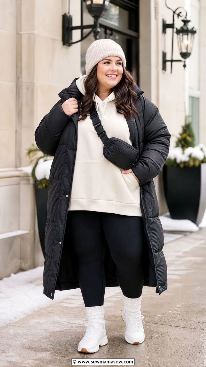 Plus Size Winter Leggings With Puffer Coat And Sneakers - 20 plus size winter outfit ideas with leggings