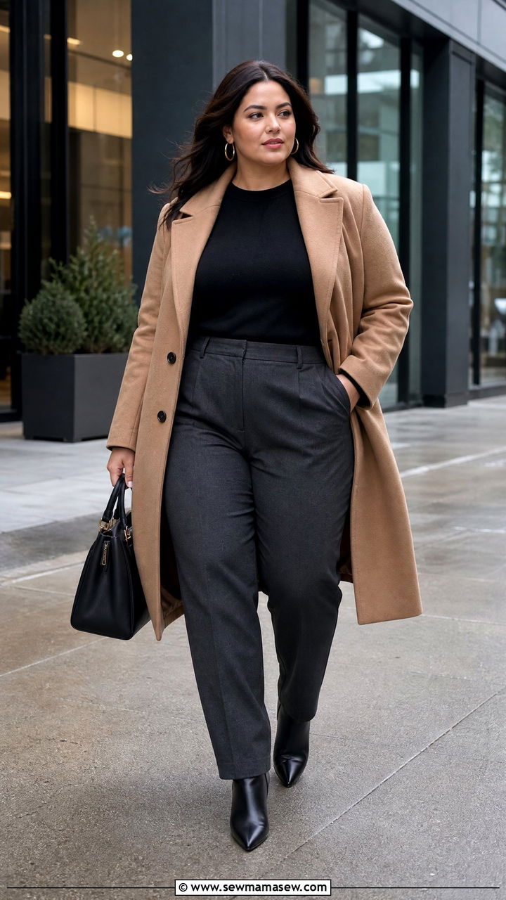 Plus Size Wool Coat And Tailored Trousers Work Outfit - 20 plus size winter outfit ideas for work