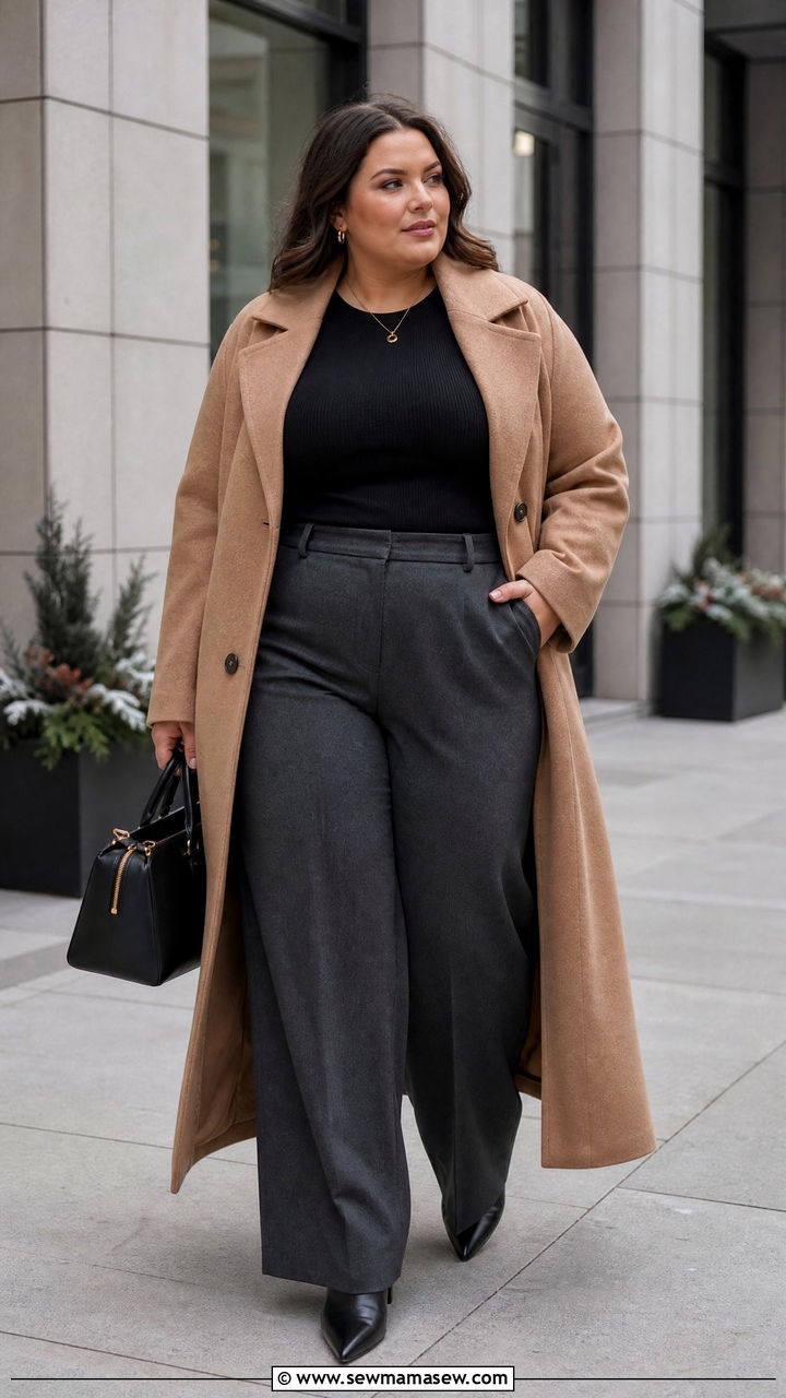 Plus Size Wool Coat With Wide Leg Pants - 20 plus size wool coat outfit ideas