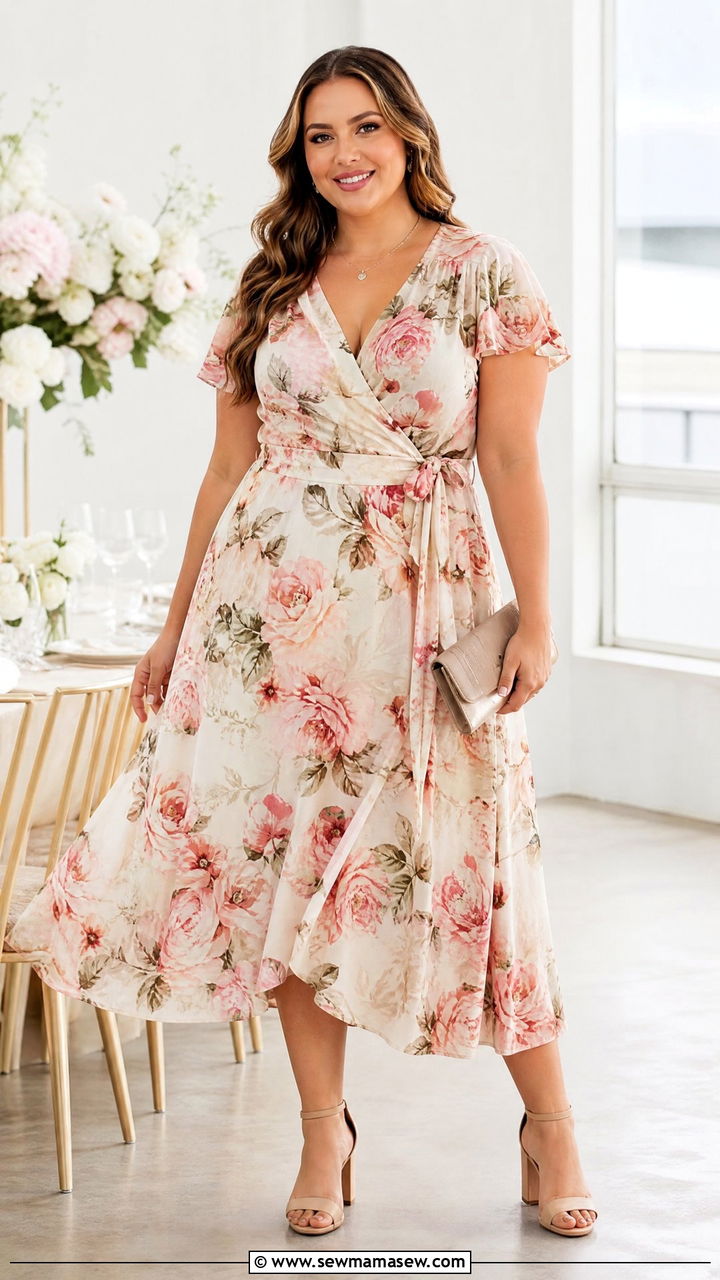 Plus Size Wrap A Line Dress With Nude Heels - 20 plus size a-line dress outfit ideas