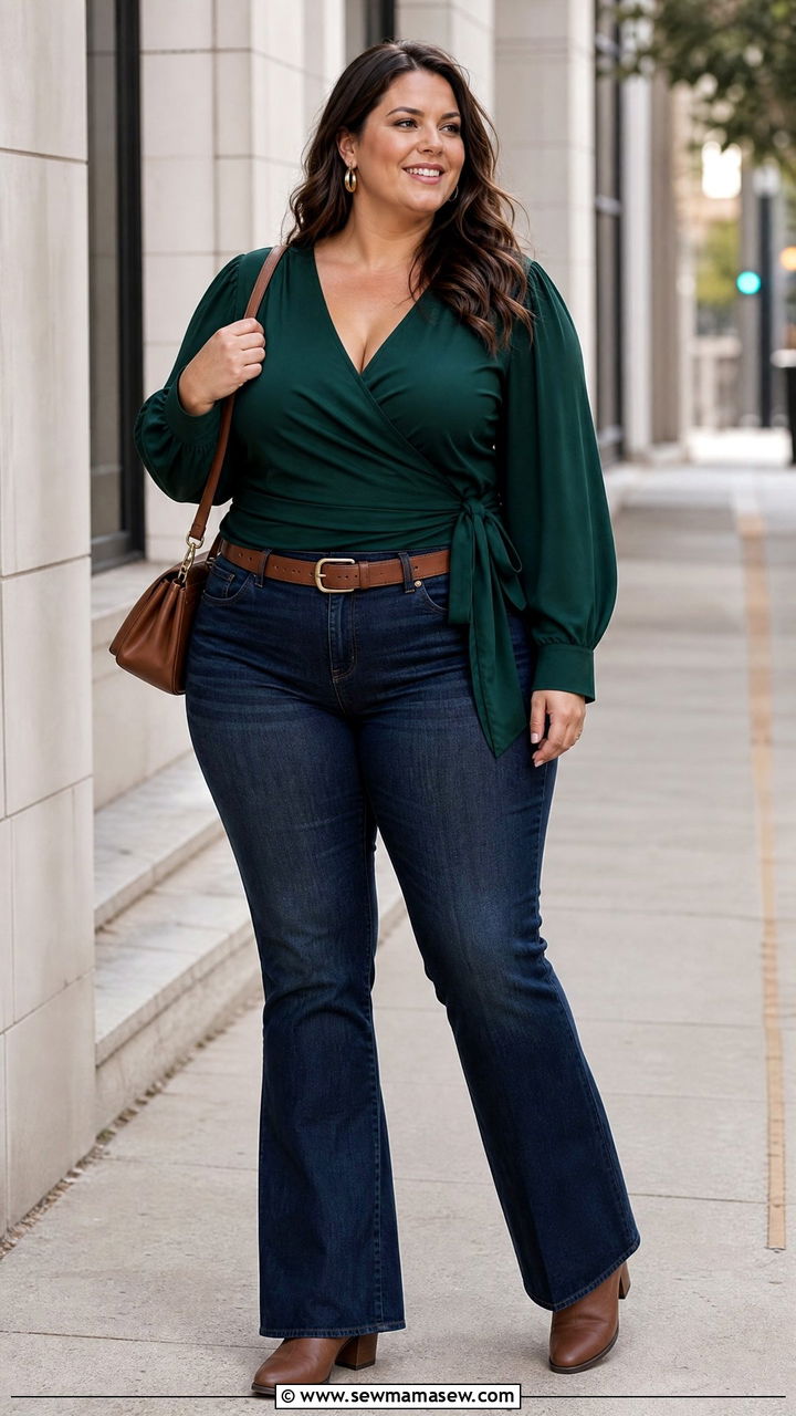 Plus Size Wrap Blouse With Bootcut Jeans - 20 plus size wrap blouse outfit ideas