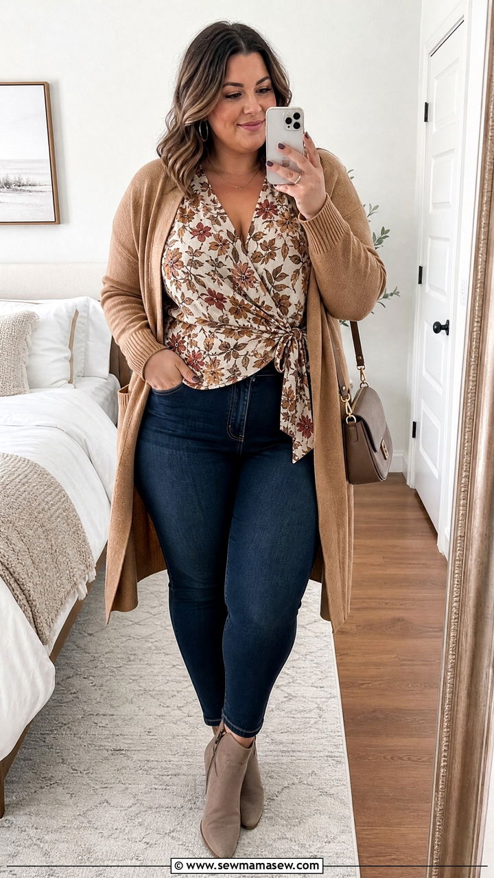 Plus Size Wrap Blouse With Cardigan And Jeans - 20 plus size wrap blouse outfit ideas